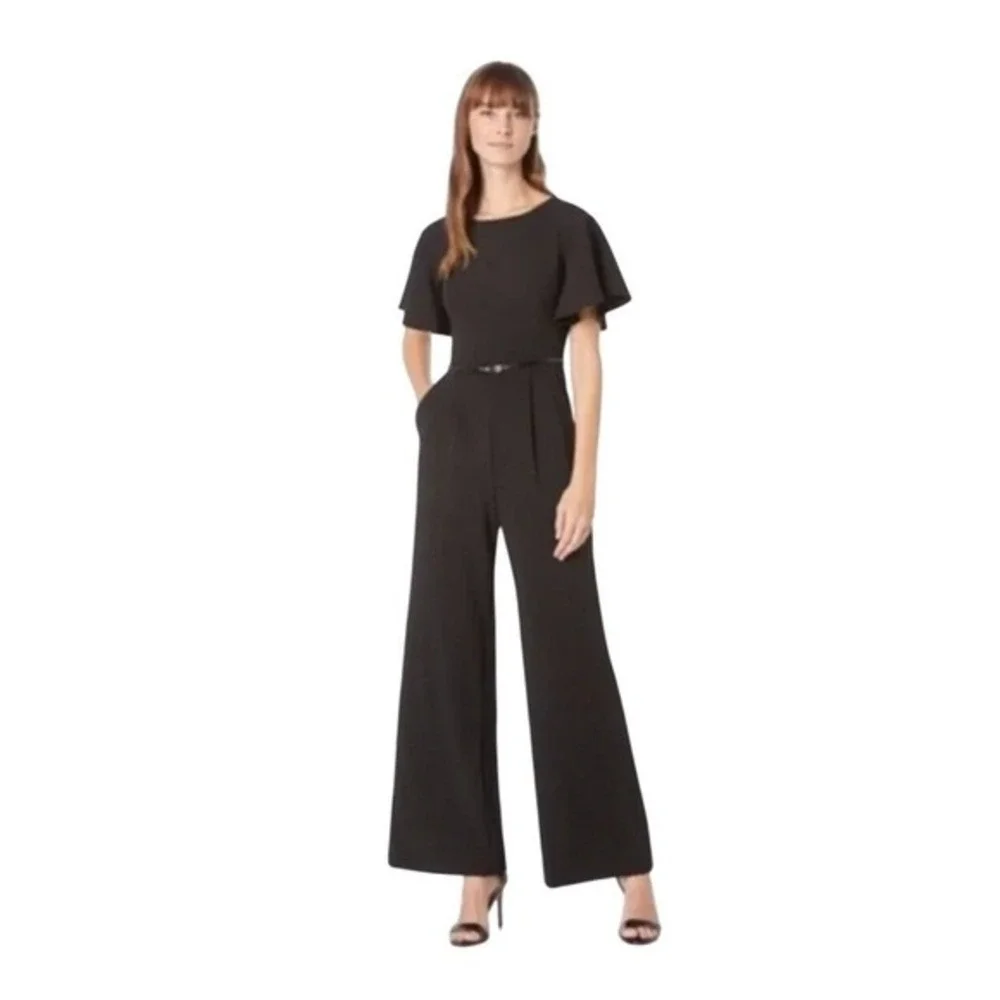 Calvin Klein Flutter Sleeve Wide Leg‎ Jumpsuit Black Stretch Crepe 6